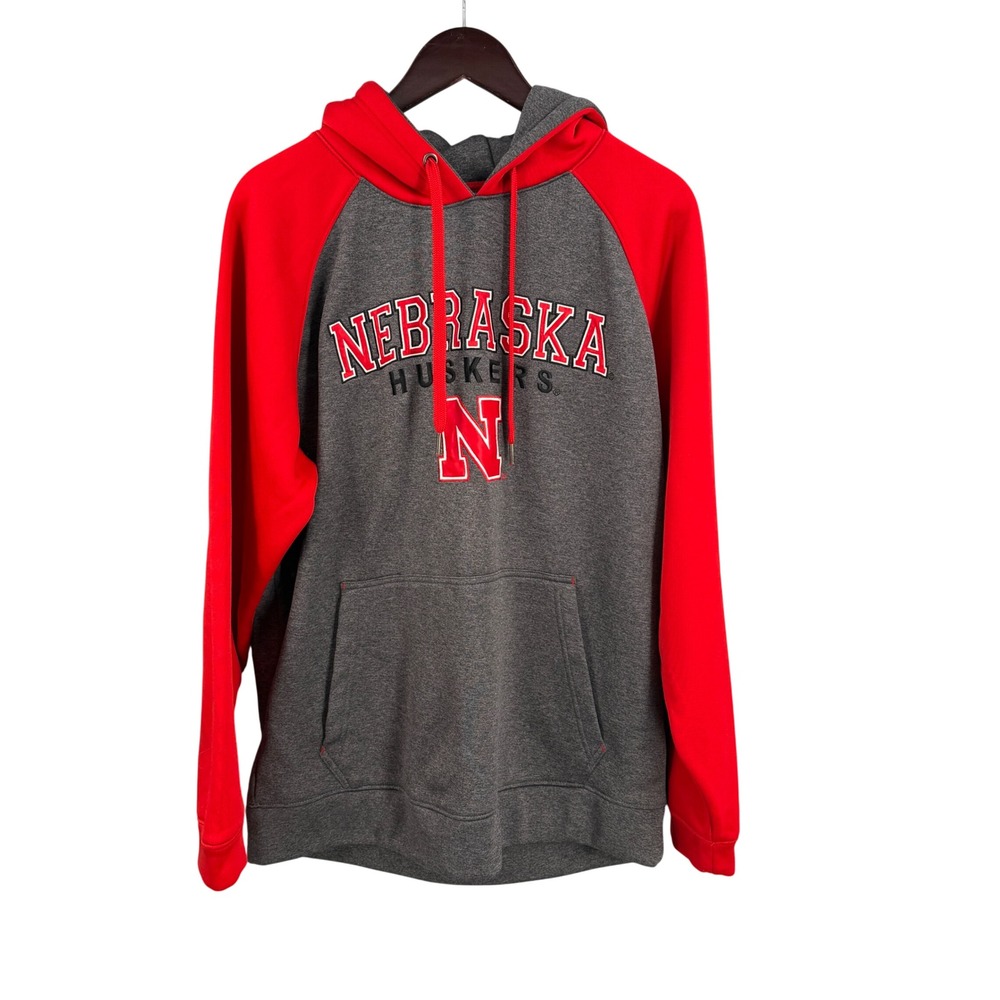 Nebraska Huskers NCAA Hoodie Sweatshirt Mens Size M Gray Red Raglan Pullover